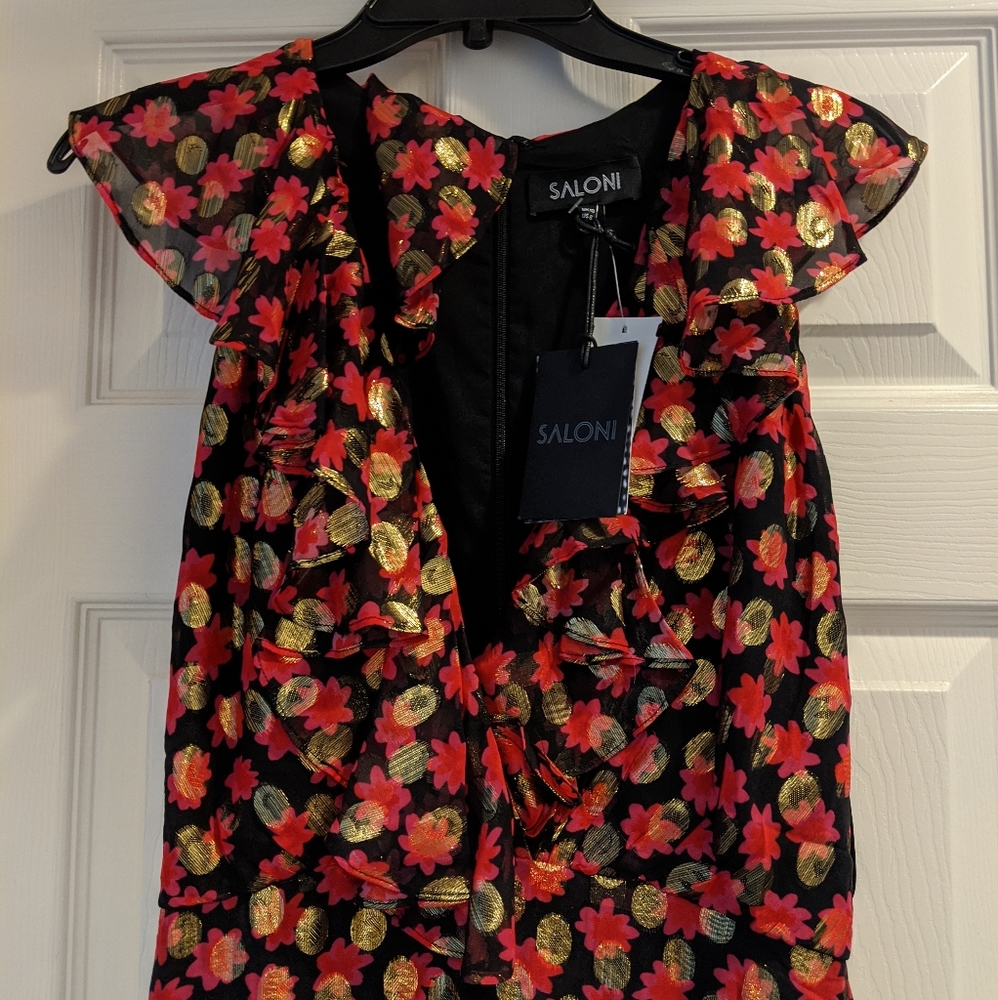 NWT Saloni Anita Ruffle Cocktail Dress Red Gold 6 - Picture 4 of 7